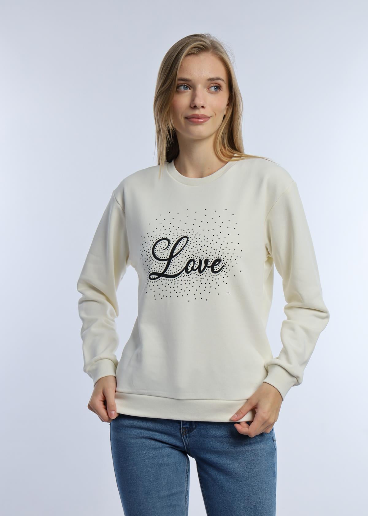 Kadın Love Baskılı 3 İplik Şardonsuz Sweatshirt Ekru