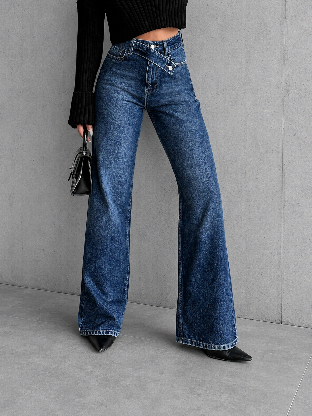 Kadın Mavi Çapraz Kemer Detaylı Wide Leg Jean Pantolon