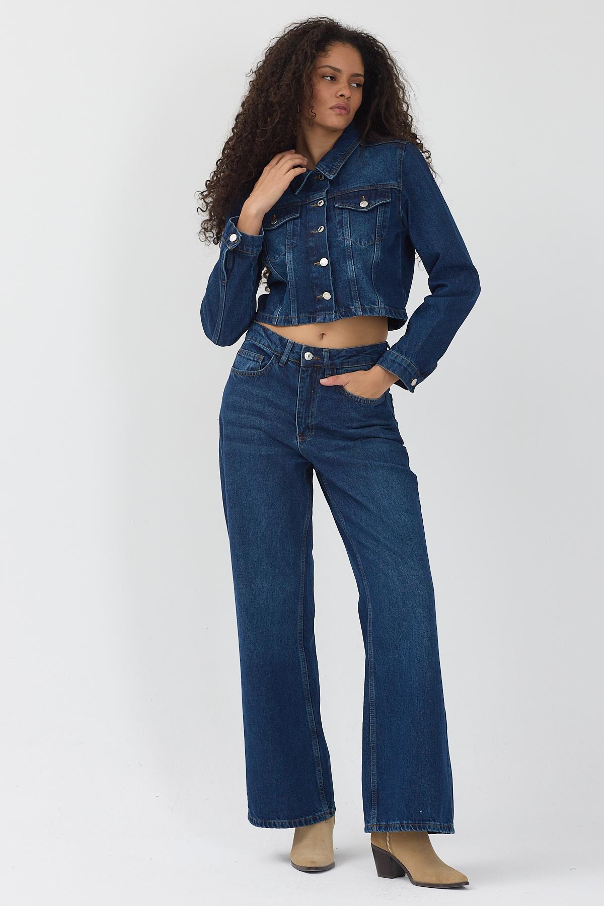 Kadın Lacivert Crop Kot Ceket Bol Paça Jean Pantolon Denim Takım