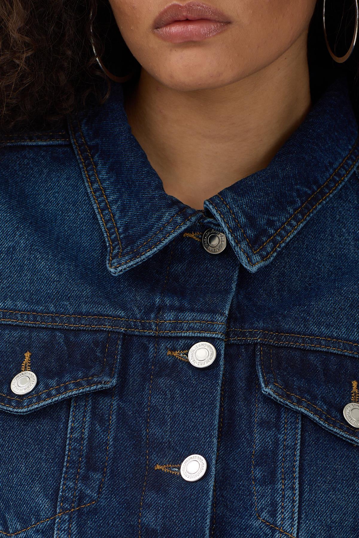 Kadın Lacivert Crop Kot Ceket Bol Paça Jean Pantolon Denim Takım