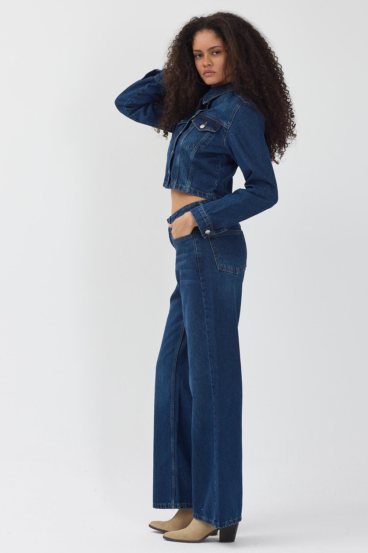Kadın Lacivert Crop Kot Ceket Bol Paça Jean Pantolon Denim Takım
