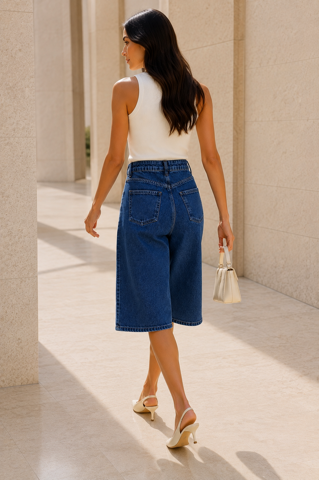 Kadın Mavi Yıkamalı Yüksek Bel Wide Leg Uzun Denim Bermuda Şort
