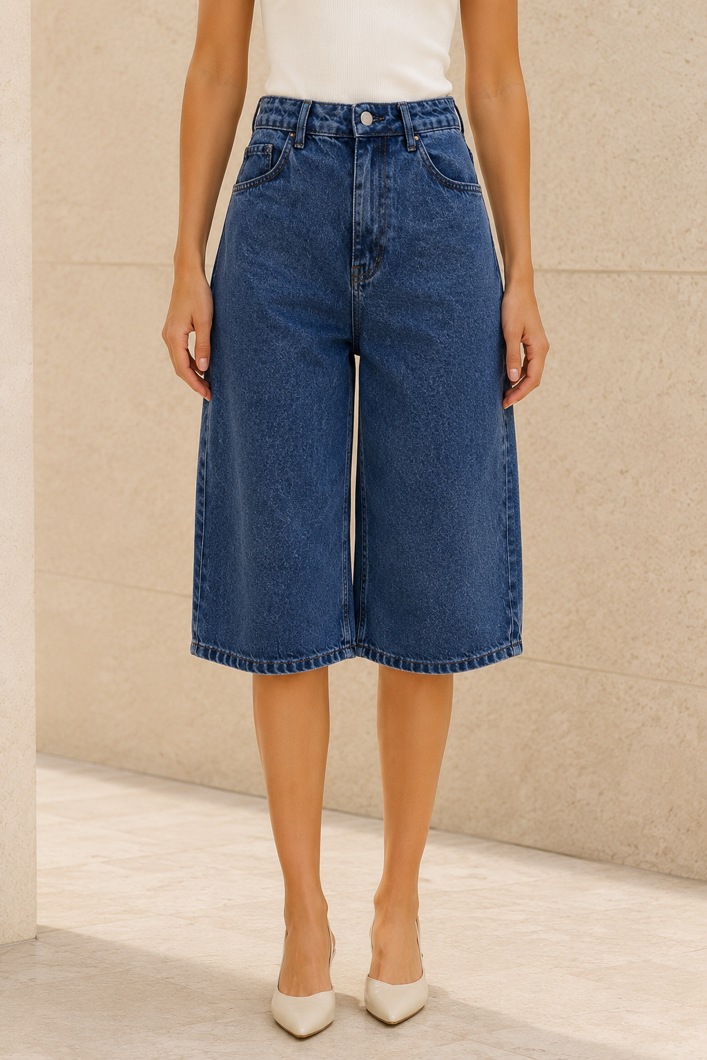 Kadın Mavi Yıkamalı Yüksek Bel Wide Leg Uzun Denim Bermuda Şort