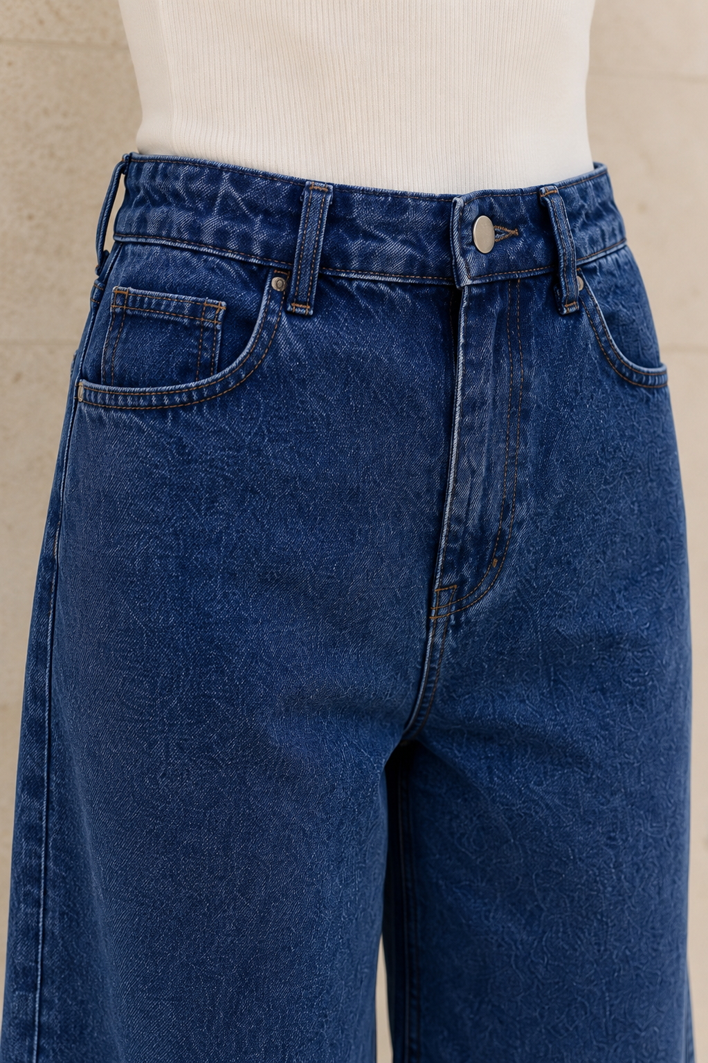 Kadın Mavi Yıkamalı Yüksek Bel Wide Leg Uzun Denim Bermuda Şort