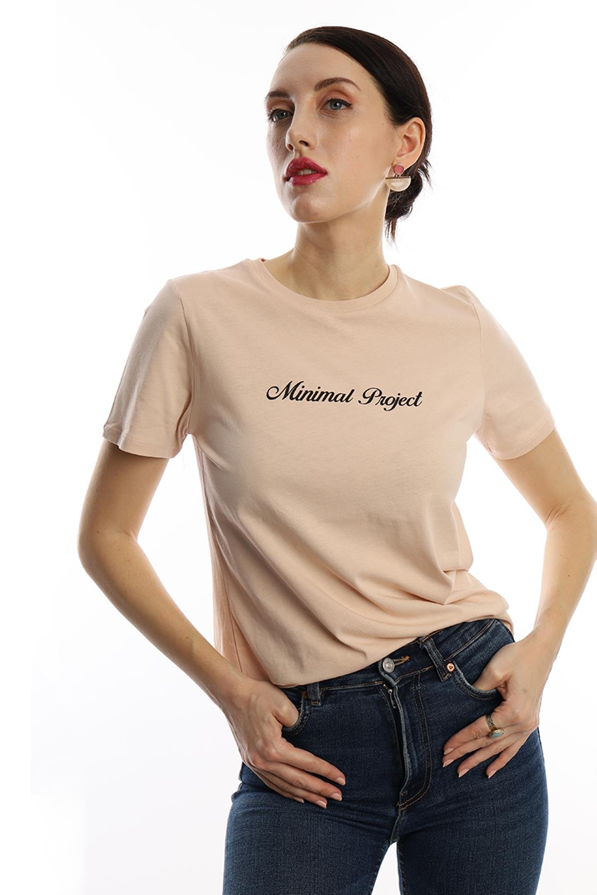 Kadın Bisiklet Yaka Minimal Project Baskılı Regular Fit Tişört Bej Kadın Bisiklet Yaka Minimal Project Baskılı Regular Fit Tişört Bej