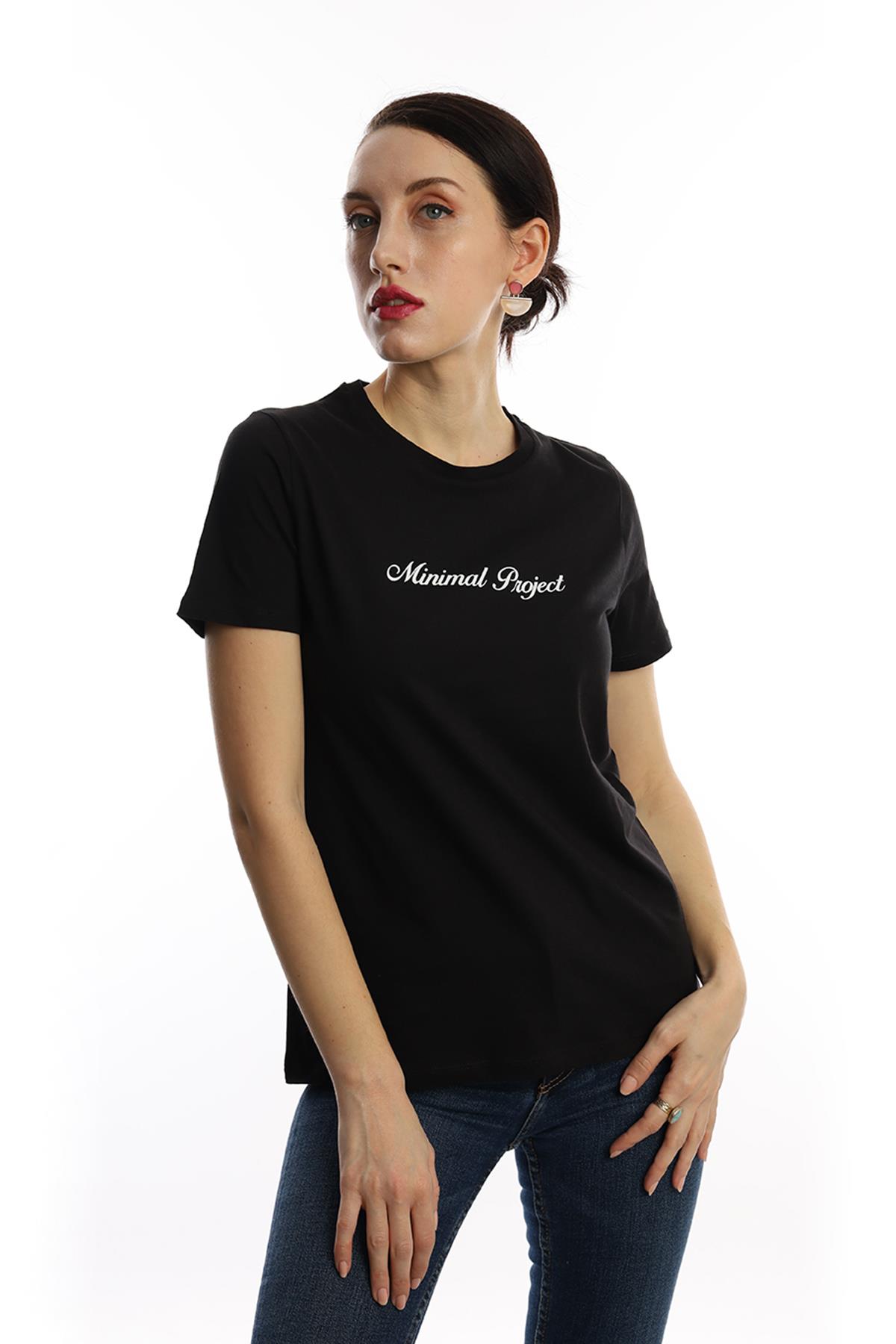 Kadın Bisiklet Yaka Minimal Project Baskılı Regular Fit Tişört Siyah Kadın Bisiklet Yaka Minimal Project Baskılı Regular Fit Tişört Siyah