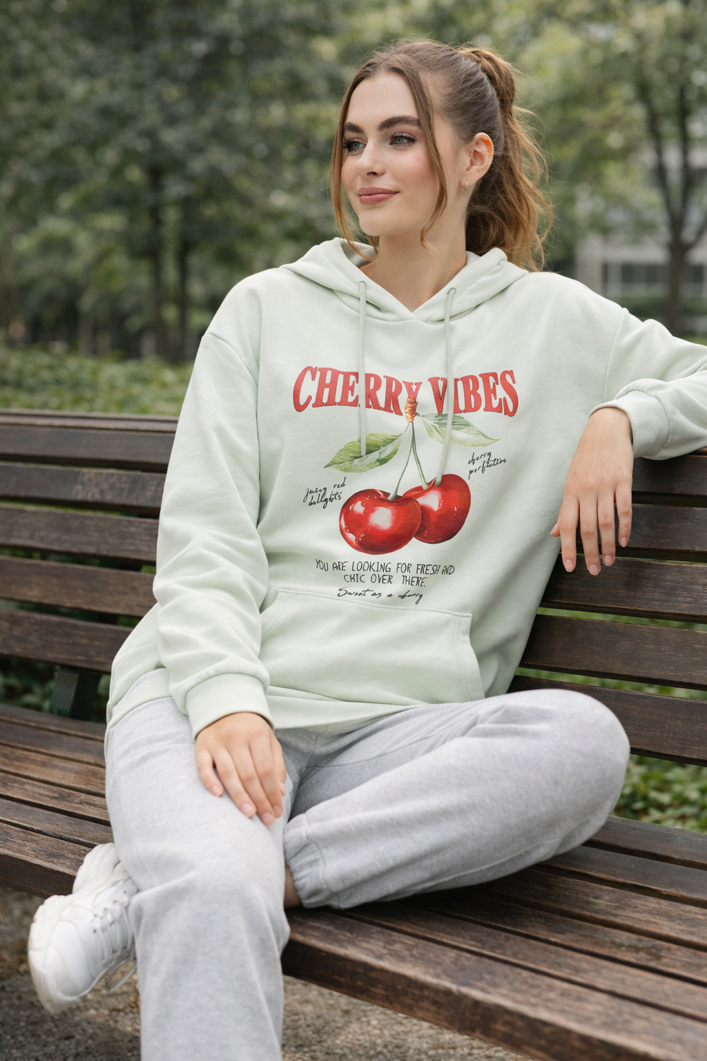 Kadın Mint Kiraz Baskılı Oversize Kapüşonlu Sweatshirt Hoodie