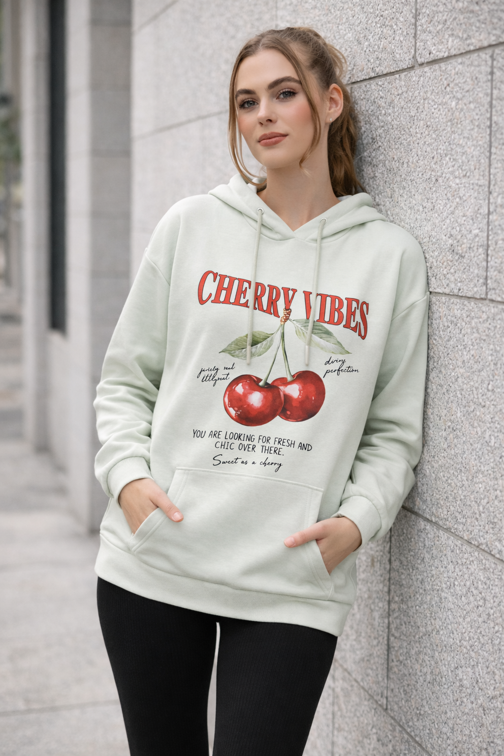 Kadın Mint Kiraz Baskılı Oversize Kapüşonlu Sweatshirt Hoodie
