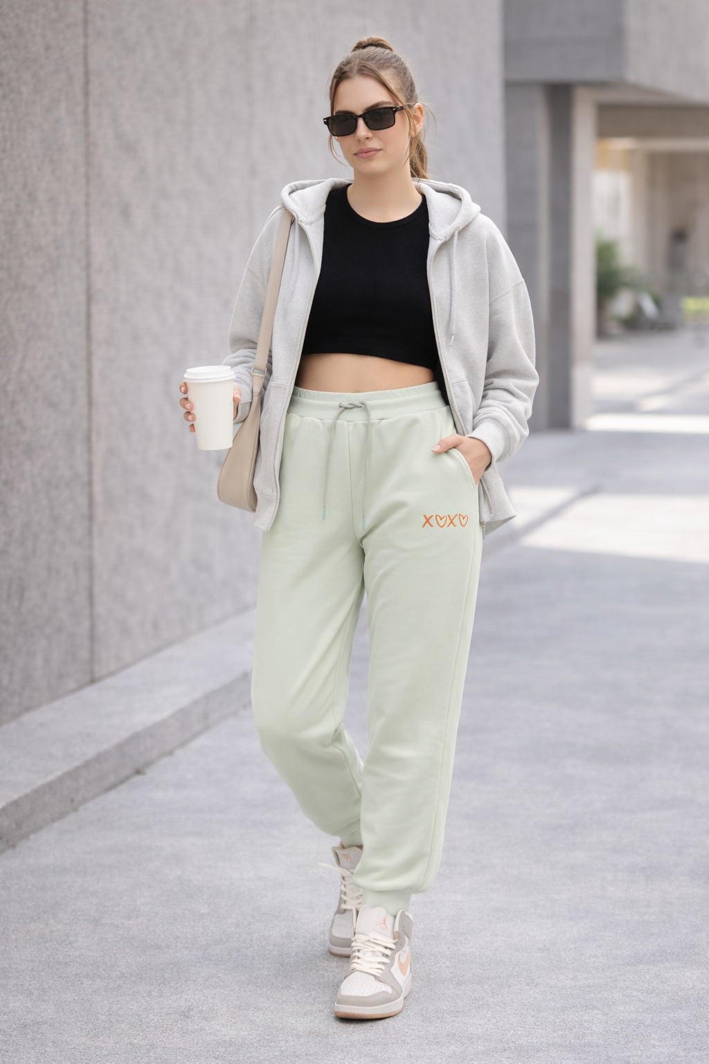 Kadın Mint Yüksek Bel Nakışlı Jogger Eşofman Altı Günlük Street Style