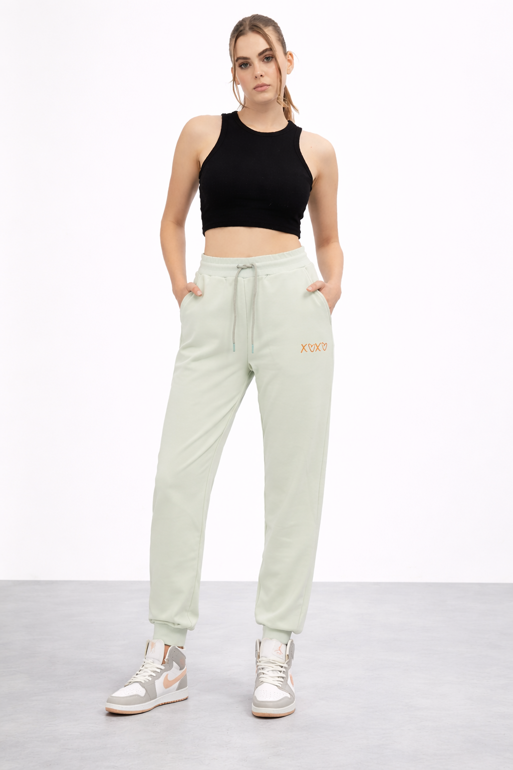 Kadın Mint Yüksek Bel Nakışlı Jogger Eşofman Altı Günlük Street Style