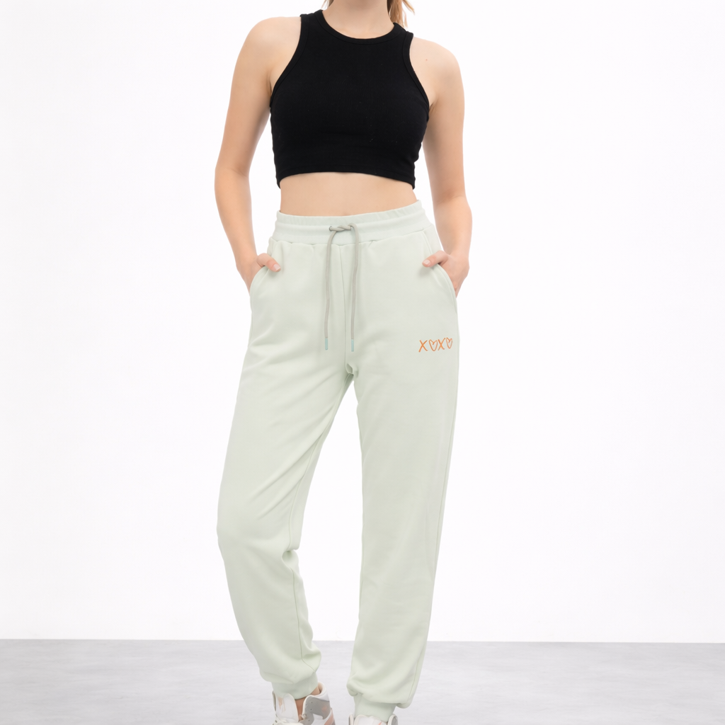 Kadın Mint Yüksek Bel Nakışlı Jogger Eşofman Altı Günlük Street Style