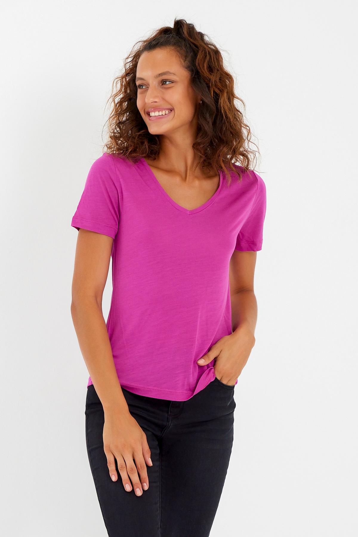 Kadın Modal Kumaş V Yaka Parçalı T-shirt Fuşya