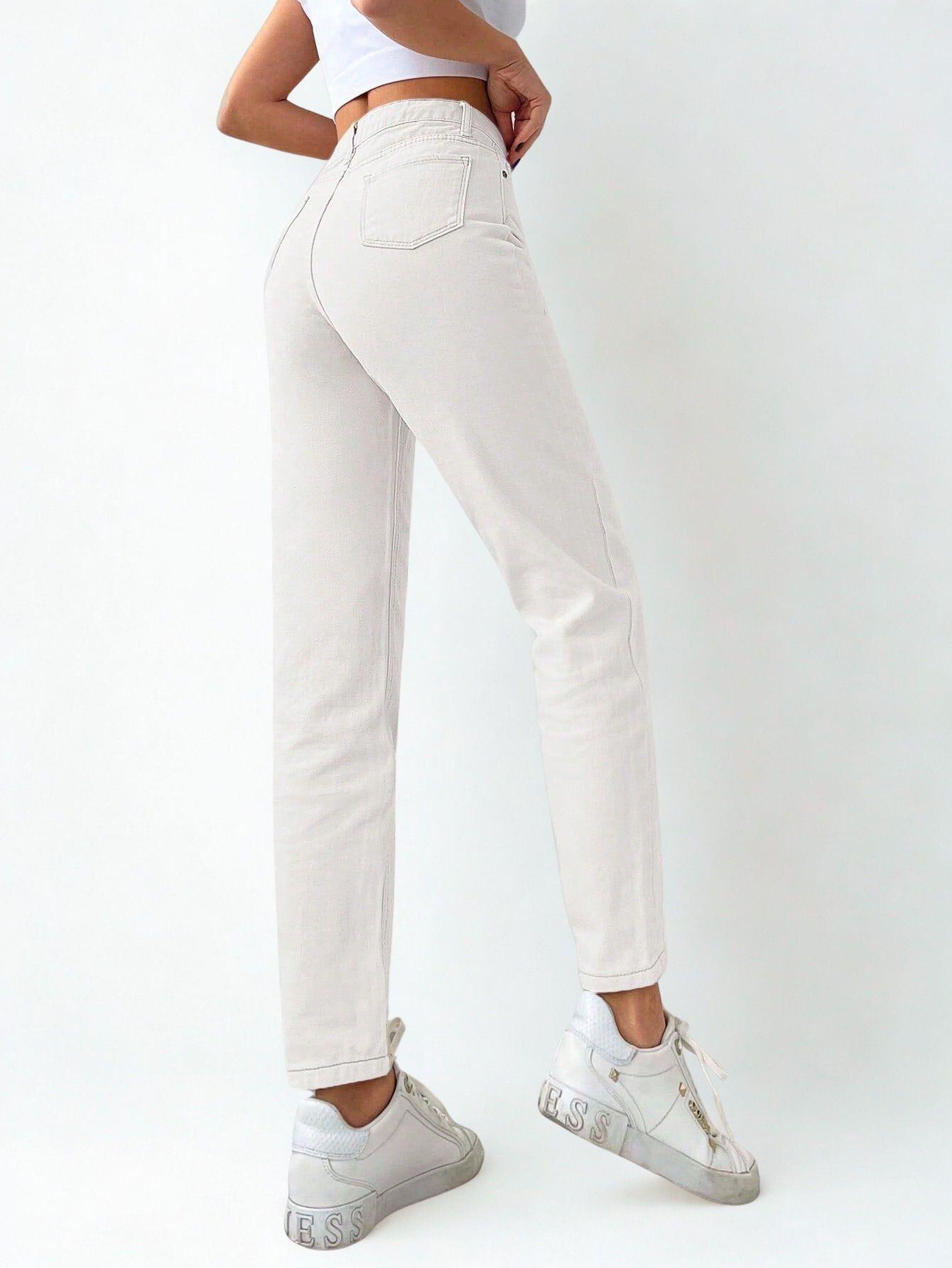 Kadın Mom Fit Jeans Kot Pantolon Beyaz