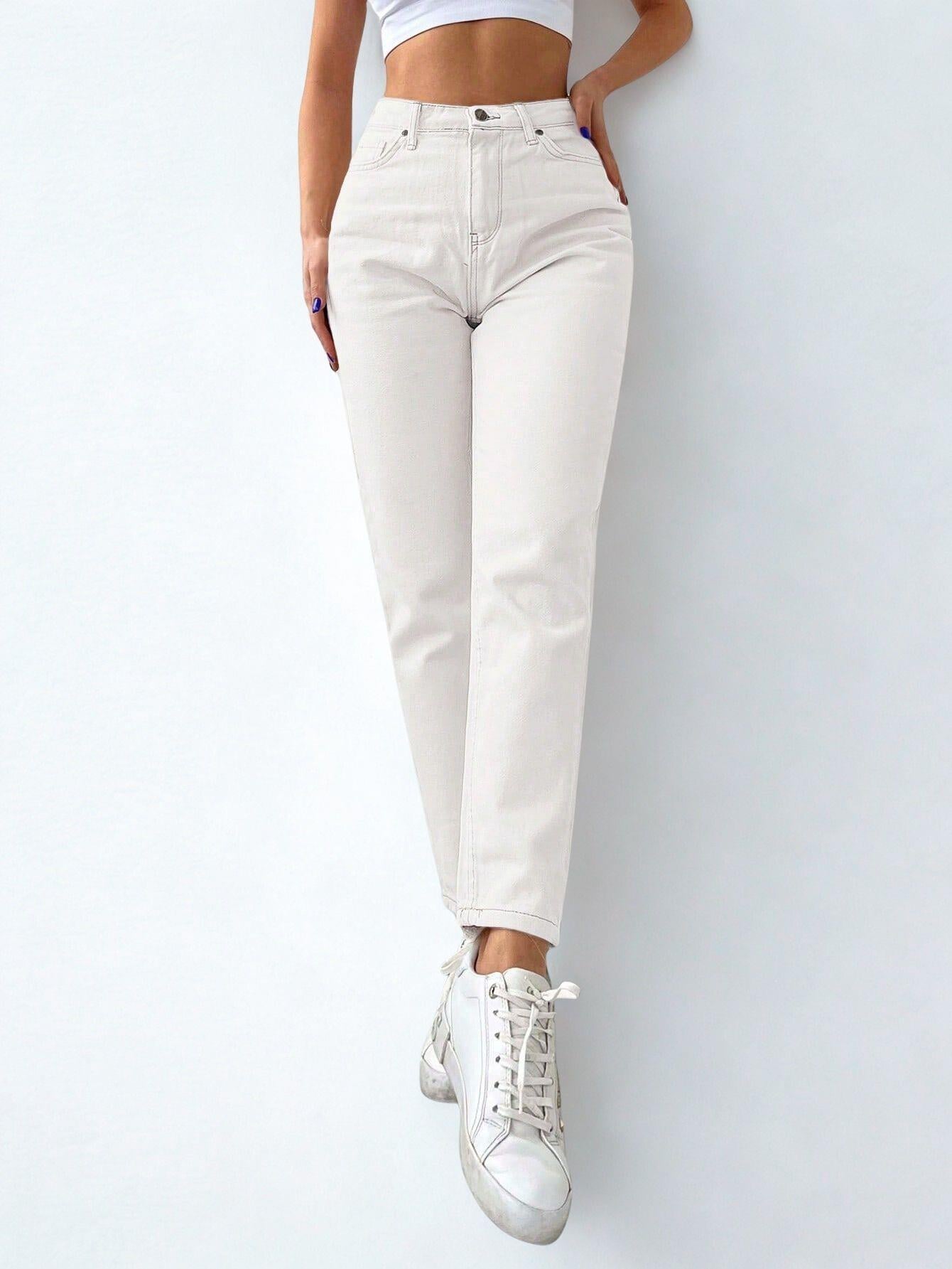 Kadın Mom Fit Jeans Kot Pantolon Beyaz