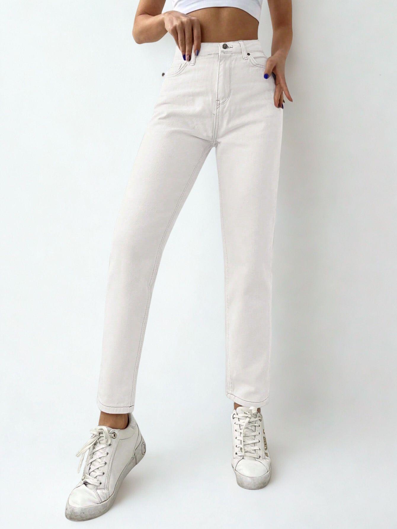 Kadın Mom Fit Jeans Kot Pantolon Beyaz