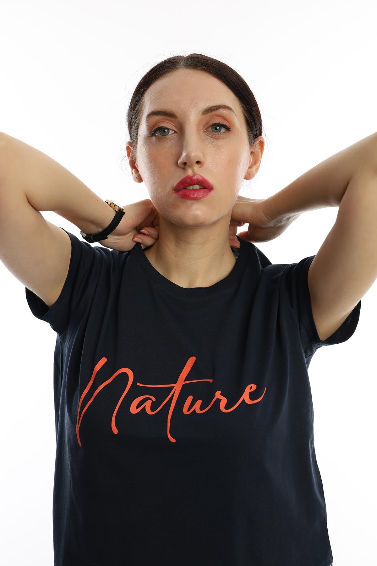Kadın Nature Yazı Baskılı Crop Tişört Lacivert