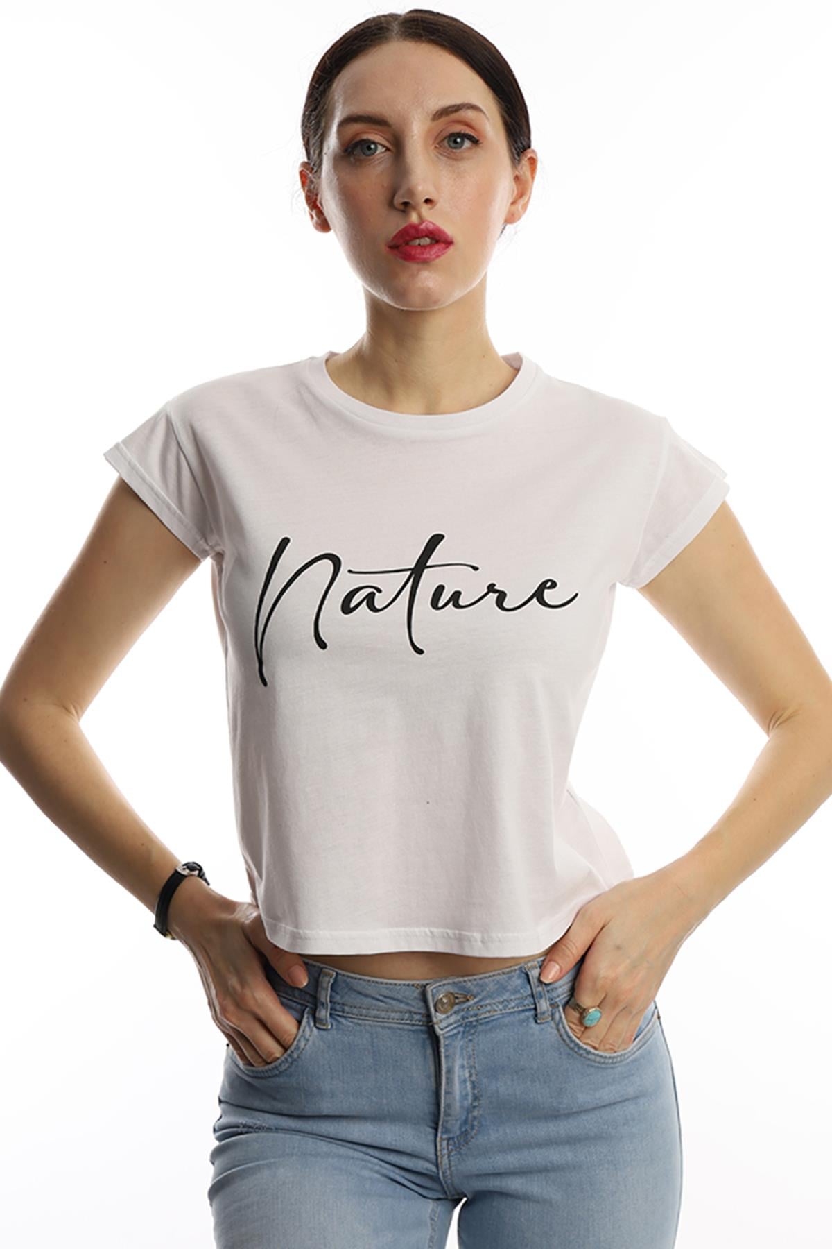 Kadın Nature Yazı Baskılı Crop Tişört Beyaz