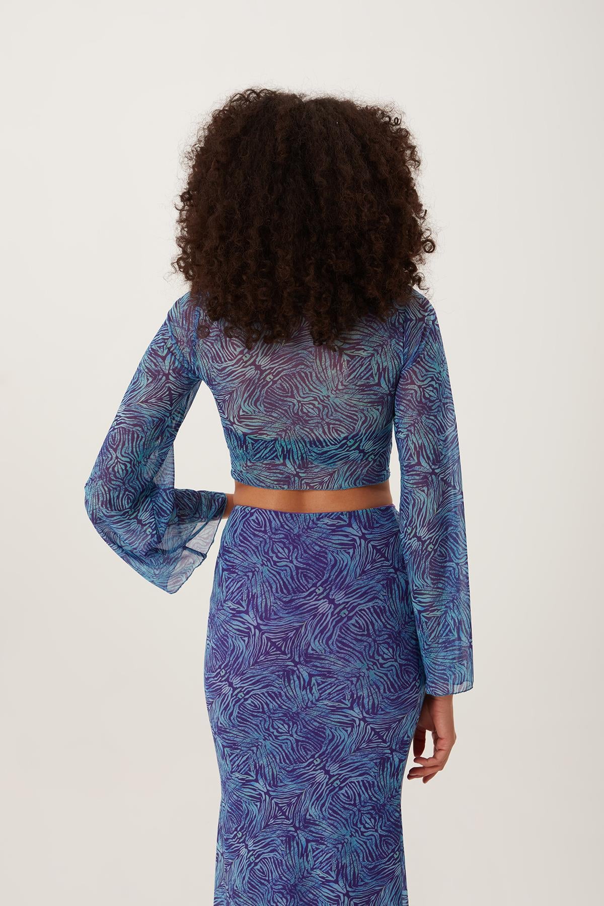 Kadın Ön Astarlı Mesh Crop Bluz Mavi