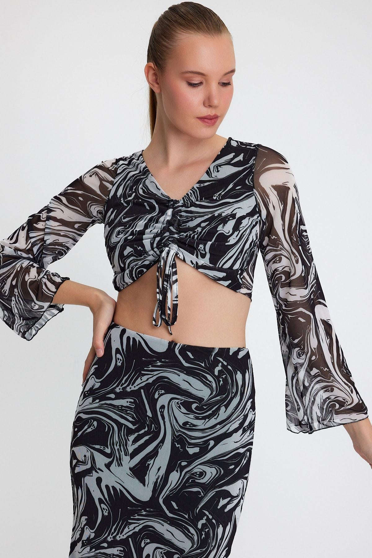 Kadın Ön Astarlı Mesh Crop Bluz Siyah