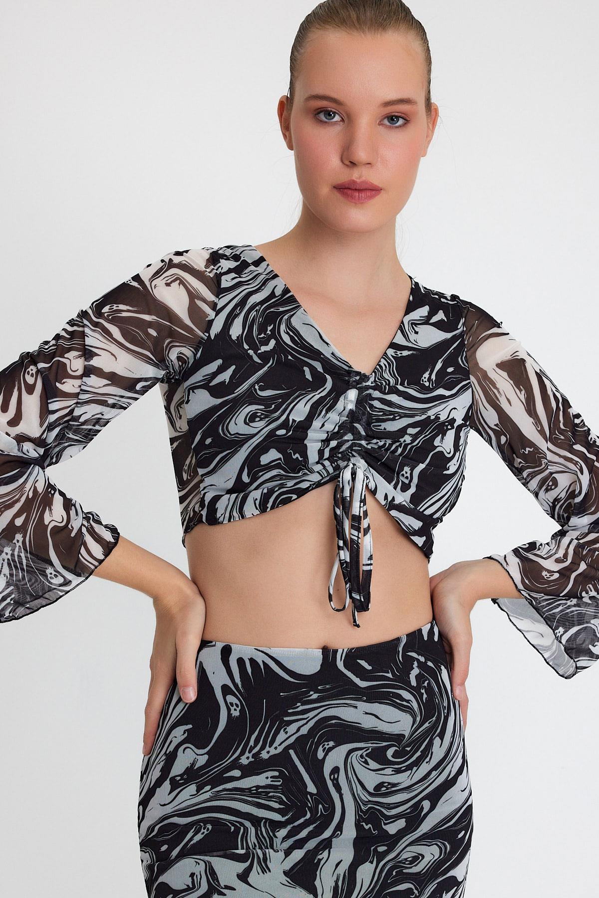 Kadın Ön Astarlı Mesh Crop Bluz Siyah