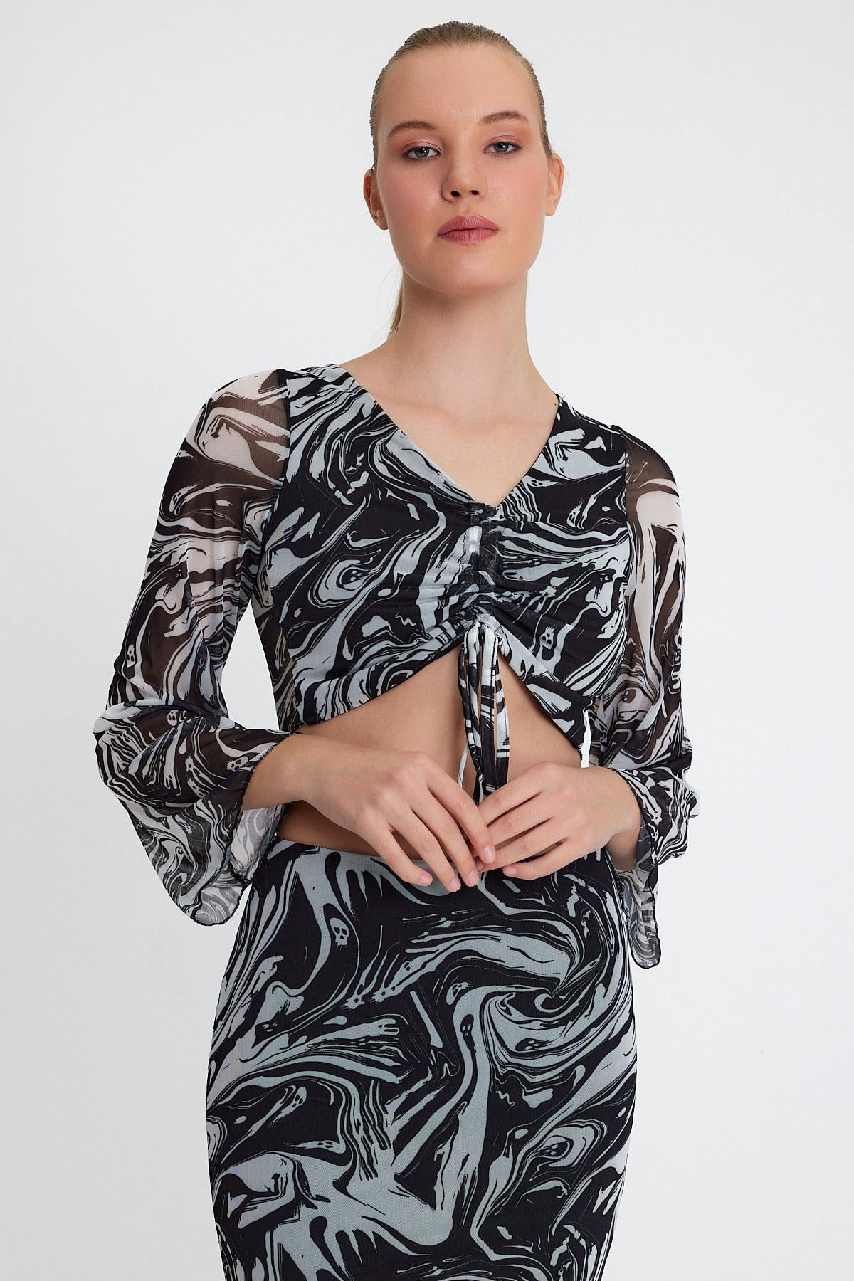 Kadın Ön Astarlı Mesh Crop Bluz Siyah