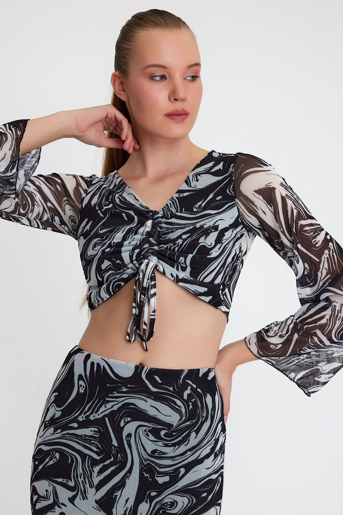 Kadın Ön Astarlı Mesh Crop Bluz Siyah