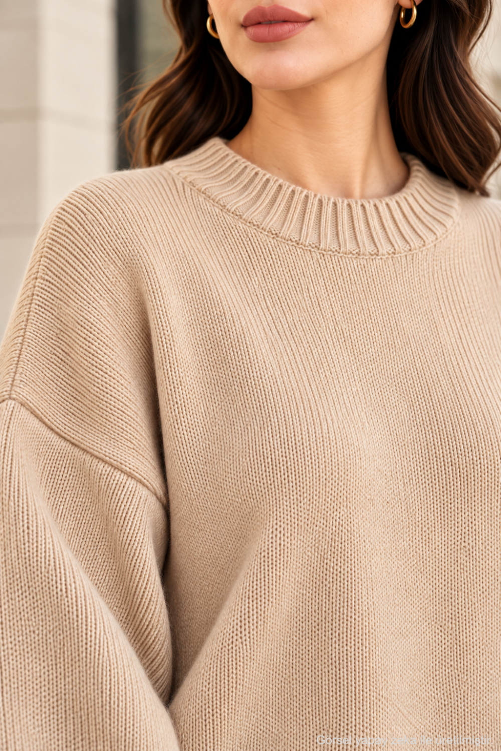 Kadın Oversize Bisiklet Yaka Basic Triko Kazak - Bej Bej