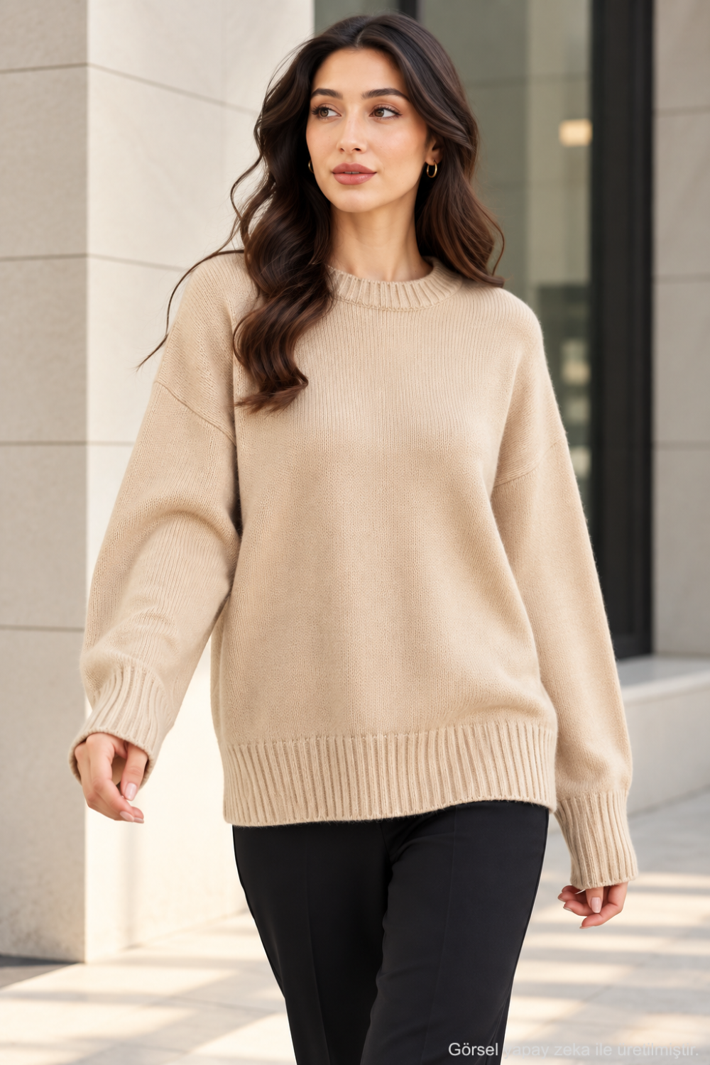 Kadın Oversize Bisiklet Yaka Basic Triko Kazak - Bej Bej