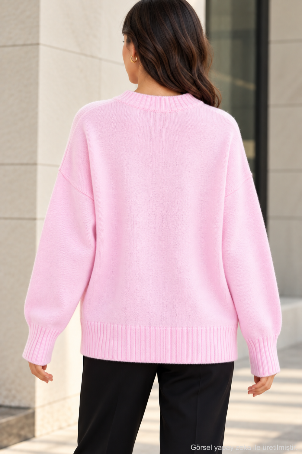 Kadın Oversize Bisiklet Yaka Basic Triko Kazak - Pudra Pudra