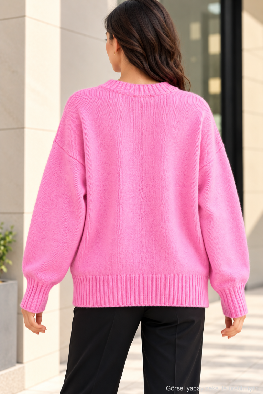 Kadın Oversize Bisiklet Yaka Basic Triko Kazak - Pembe Pembe