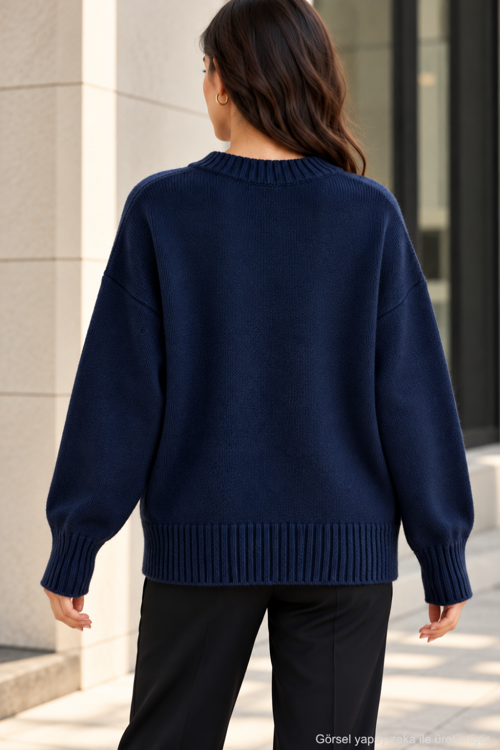 Kadın Oversize Bisiklet Yaka Basic Triko Kazak - Lacivert Lacivert