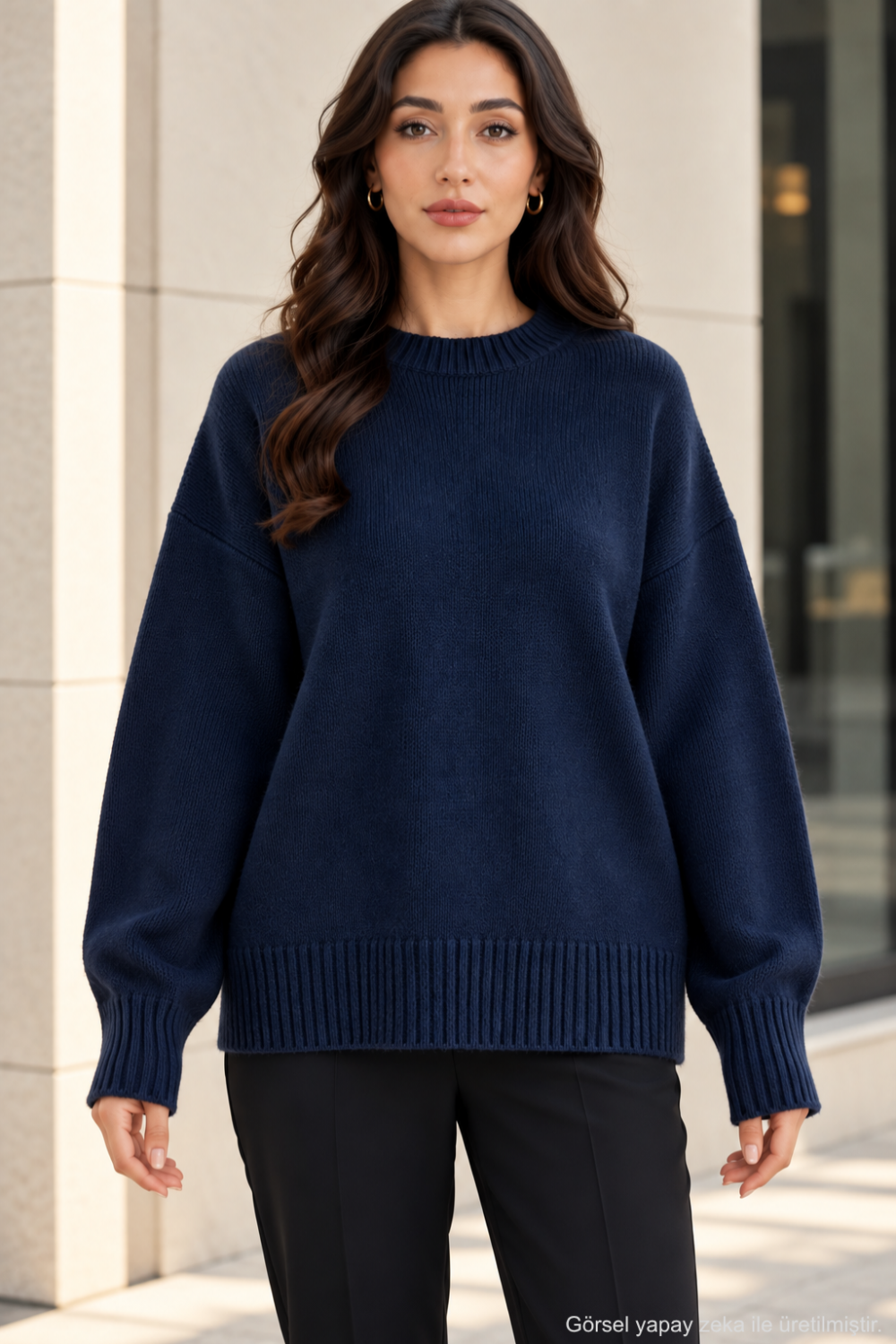 Kadın Oversize Bisiklet Yaka Basic Triko Kazak - Lacivert Lacivert