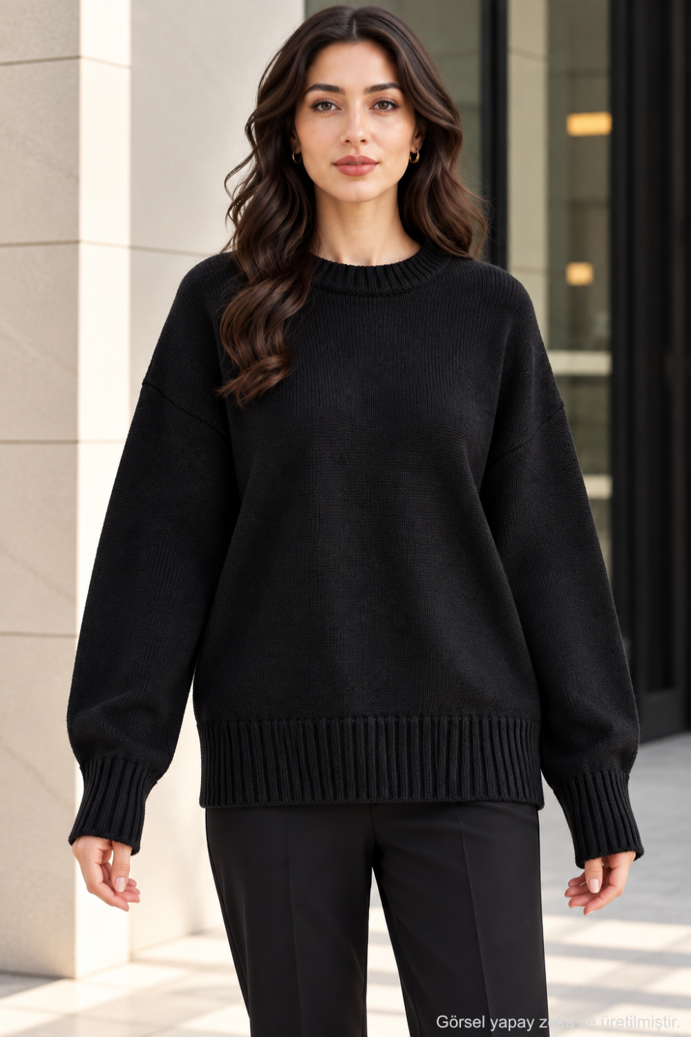 Kadın Oversize Bisiklet Yaka Basic Triko Kazak - Siyah Siyah