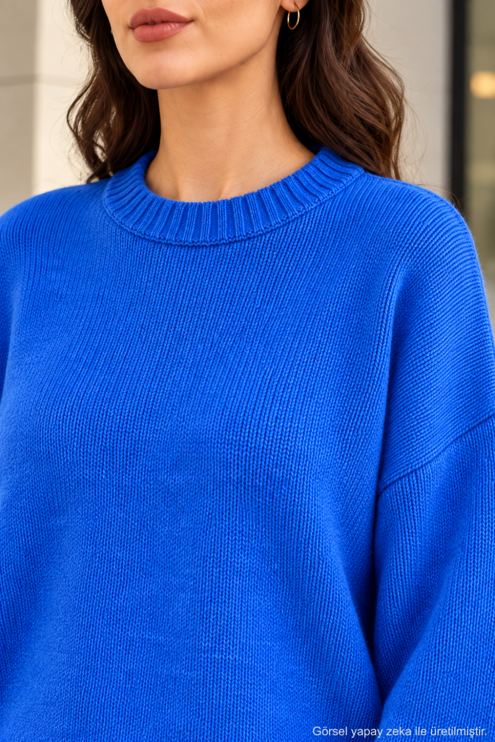 Kadın Oversize Bisiklet Yaka Basic Triko Kazak - Saks Saks
