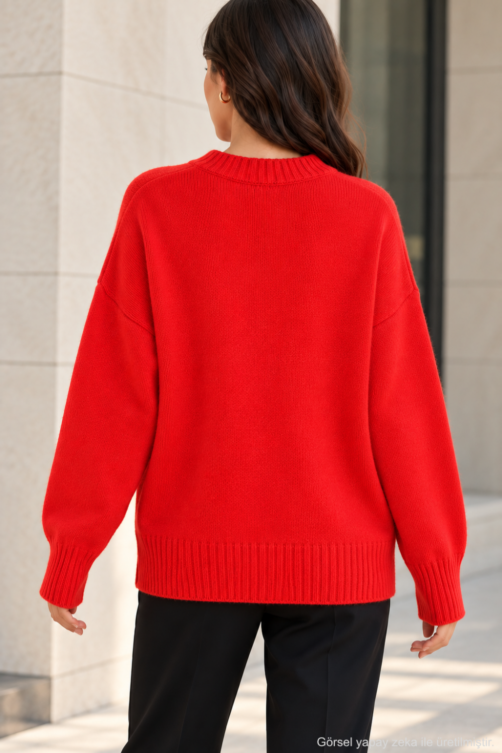 Kadın Oversize Bisiklet Yaka Basic Triko Kazak - Kırmızı Kırmızı