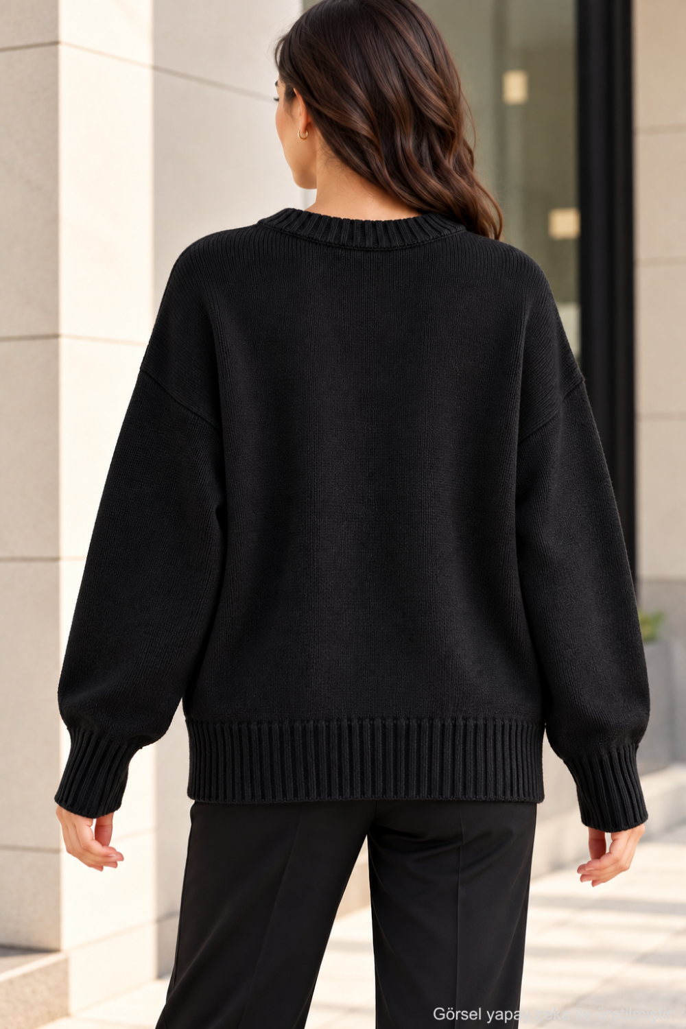 Kadın Oversize Bisiklet Yaka Basic Triko Kazak - Siyah Siyah