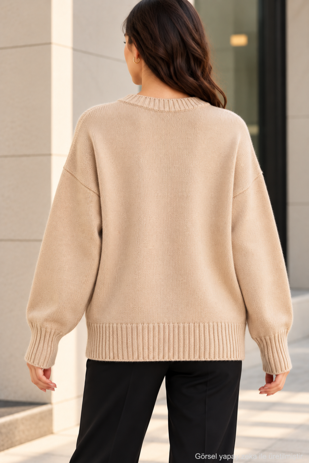 Kadın Oversize Bisiklet Yaka Basic Triko Kazak - Bej Bej