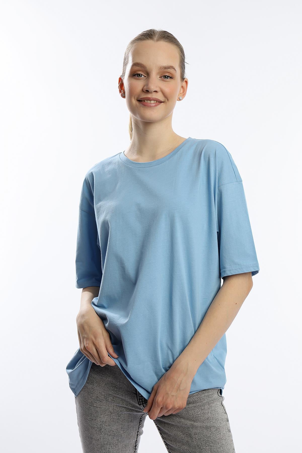 Kadın Oversize Bisiklet Yaka Tişört Mavi