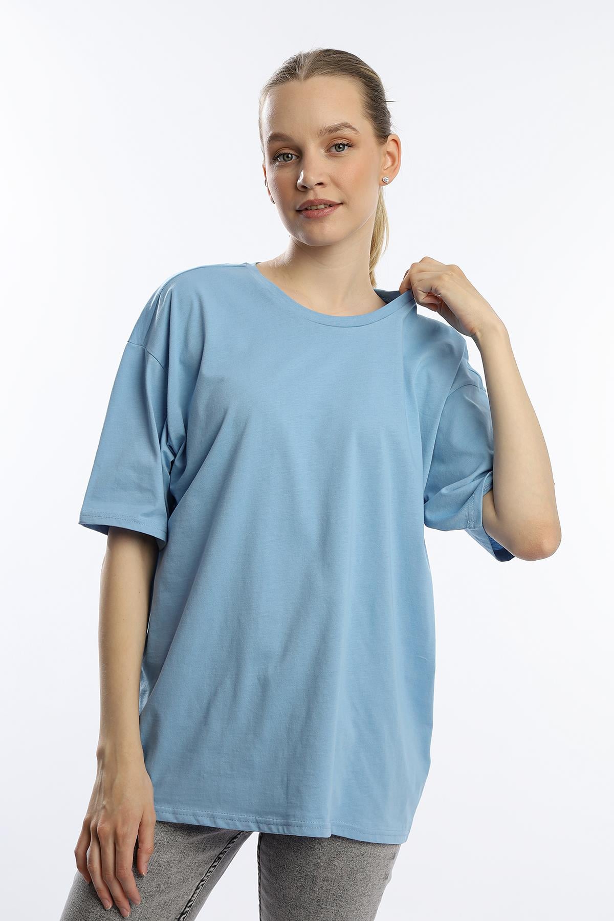 Kadın Oversize Bisiklet Yaka Tişört Mavi