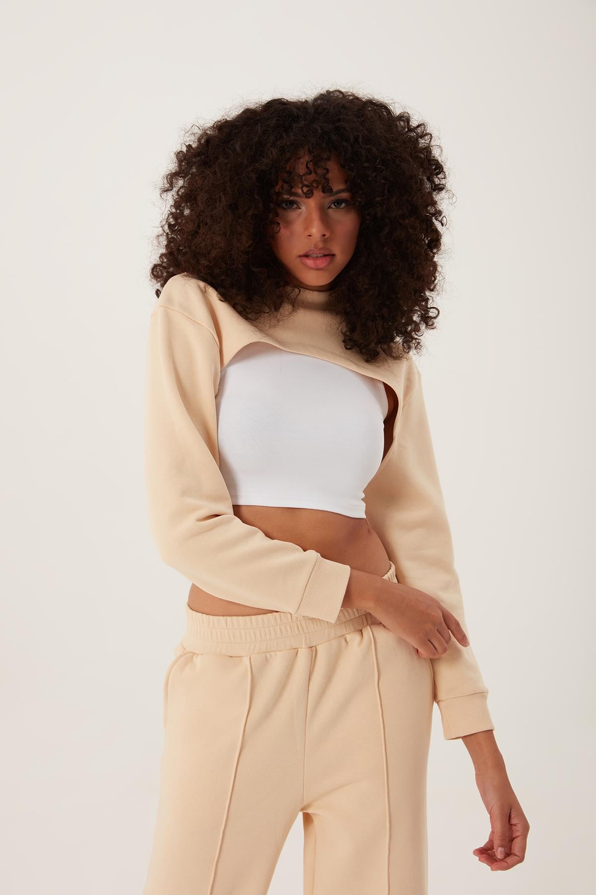 Kadın Oversize Crop  Ekru