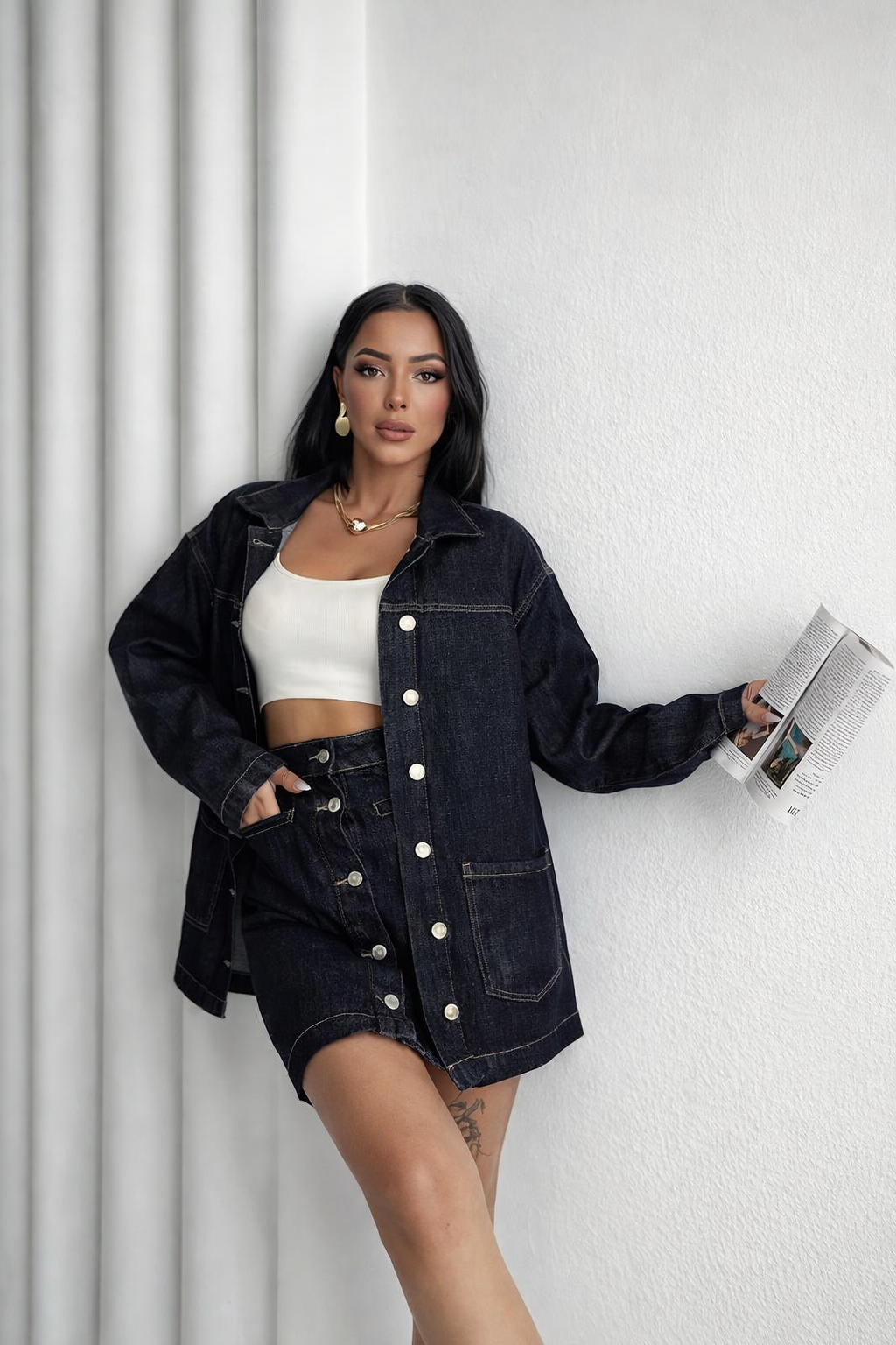 Kadın Oversize Denim Ceket & Düğmeli Kot Etek Takım