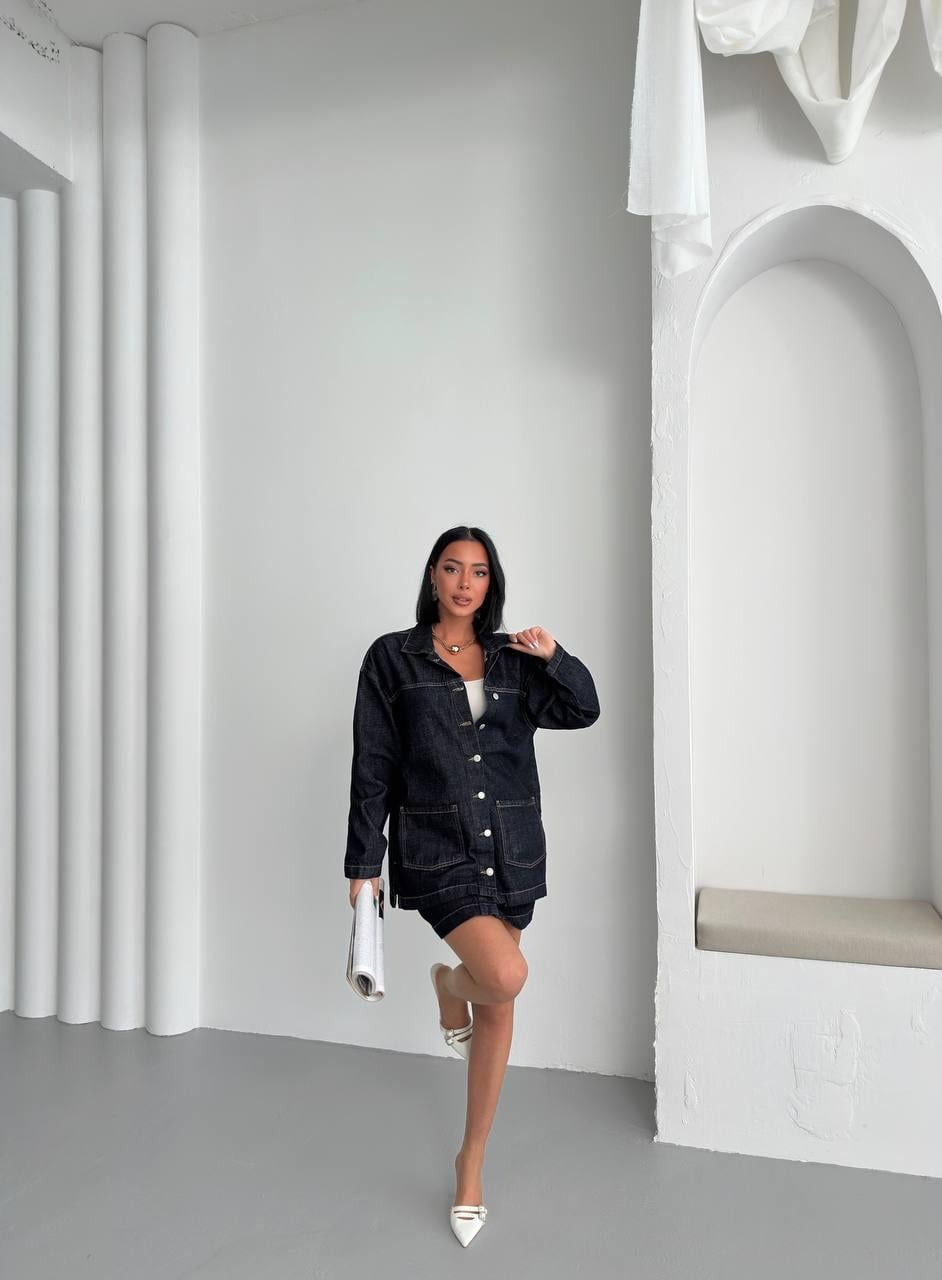 Kadın Oversize Denim Ceket & Düğmeli Kot Etek Takım