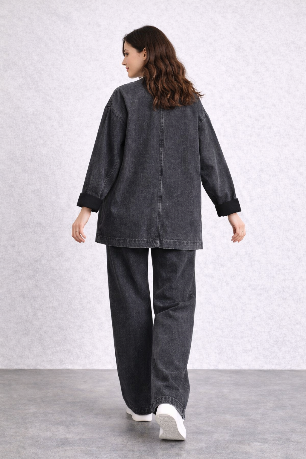 Kadın Oversize Denim Takım Bol Paça Pantolonlu Günlük Jean Takım Antrasit