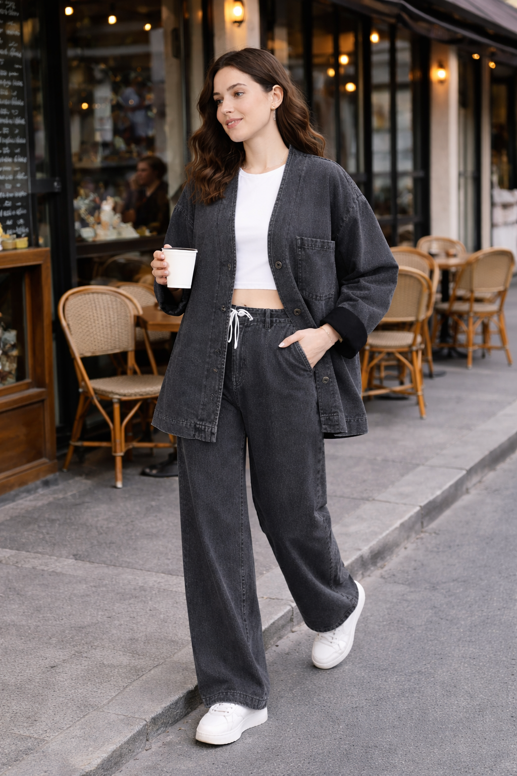 Kadın Oversize Denim Takım Bol Paça Pantolonlu Günlük Jean Takım Antrasit