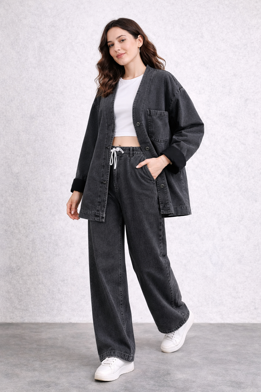 Kadın Oversize Denim Takım Bol Paça Pantolonlu Günlük Jean Takım Antrasit