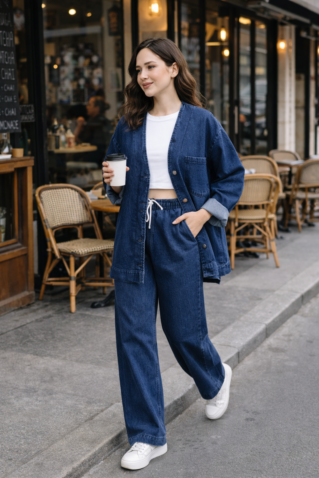 Kadın Oversize Denim Takım Bol Paça Pantolonlu Günlük Jean Takım Lacivert