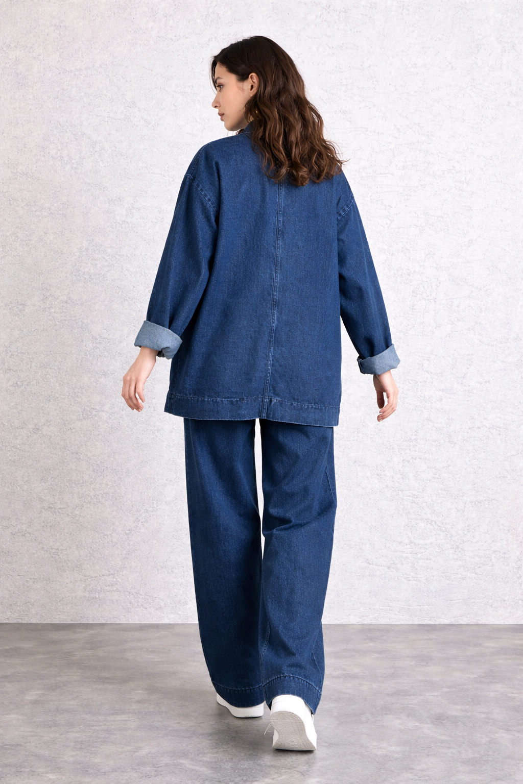 Kadın Oversize Denim Takım Bol Paça Pantolonlu Günlük Jean Takım Lacivert