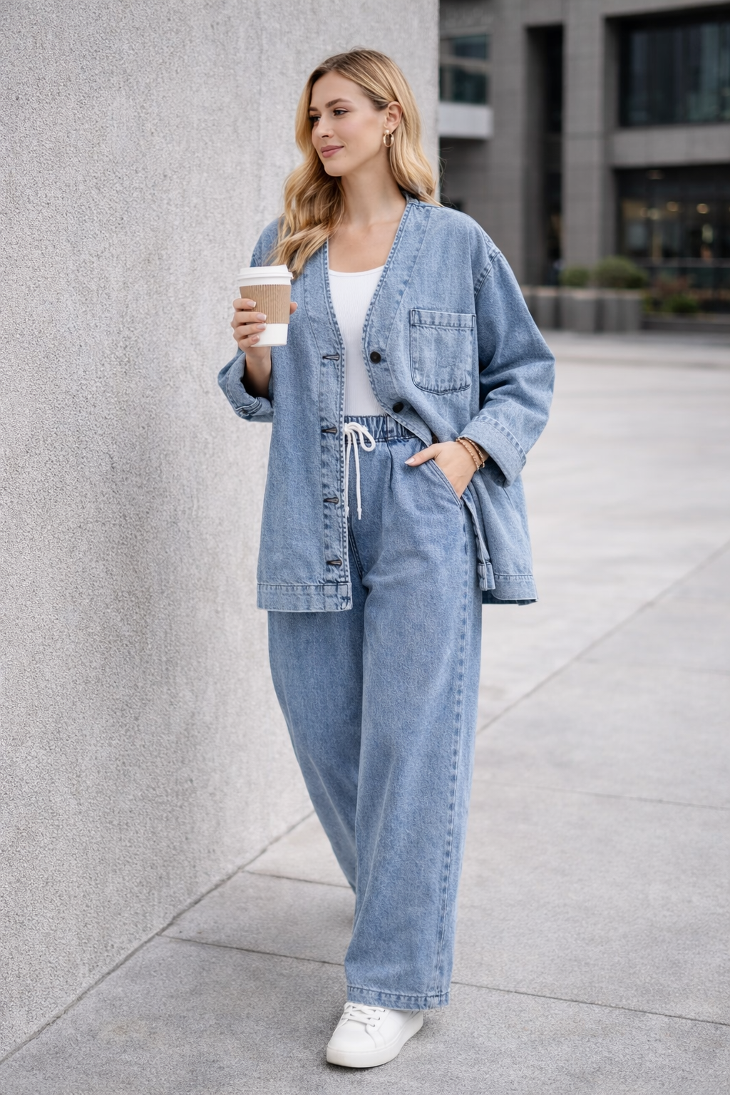 Kadın Oversize Denim Takım – Lastikli Wide Paça Pantolonlu Açık Mavi