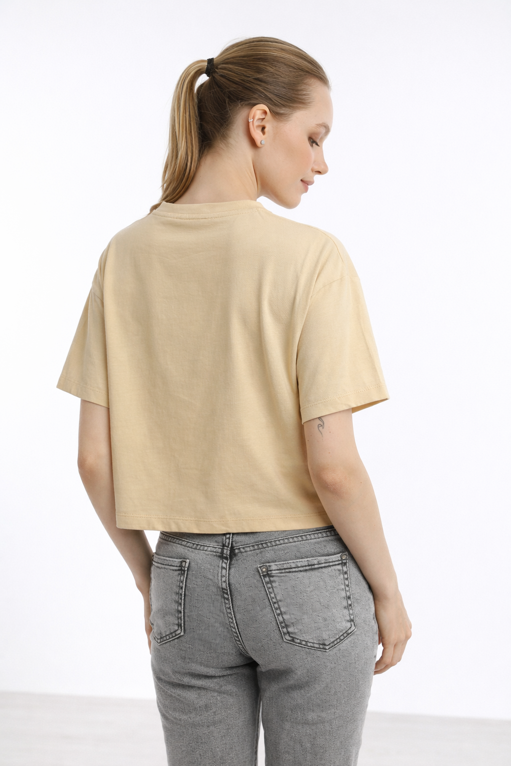 Kadin Oversize Fit Crop Tişört Bej