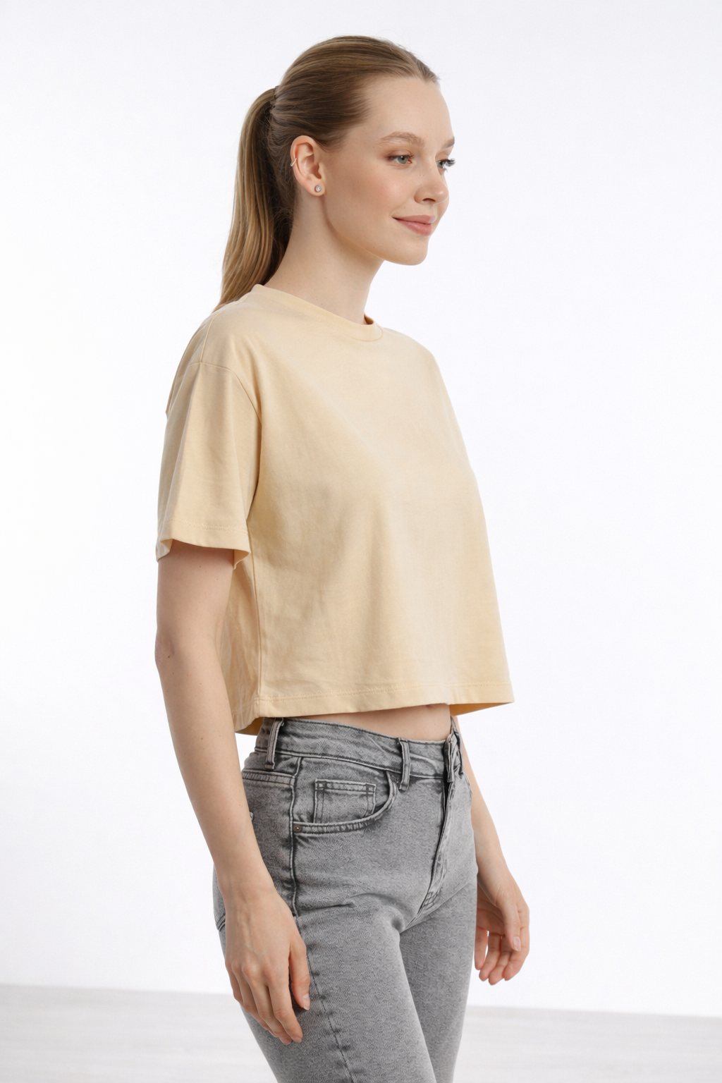 Kadin Oversize Fit Crop Tişört Bej
